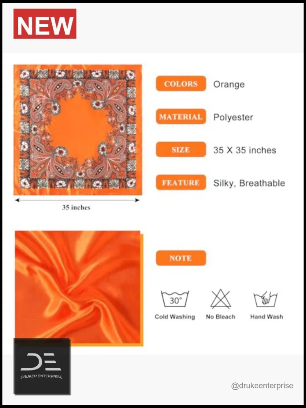 Large 35 Inch Square Satin Head Scarf for Women - Polyester Hair Wrap Bandana
